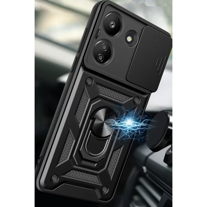 Newface Xiaomi Redmi 13C Kılıf Pars Lens Yüzüklü Silikon - Siyah