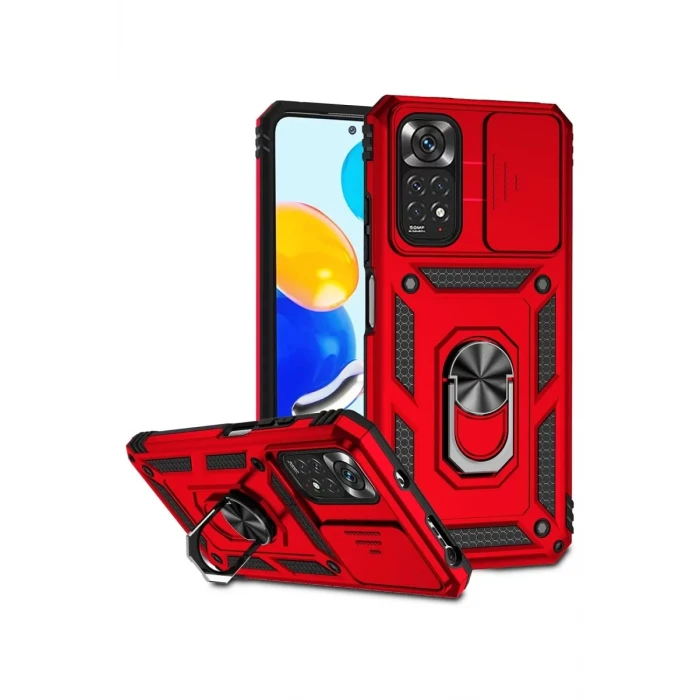 Newface Xiaomi Redmi Note 11 Pro Kılıf Pars Lens Yüzüklü Silikon - Kırmızı