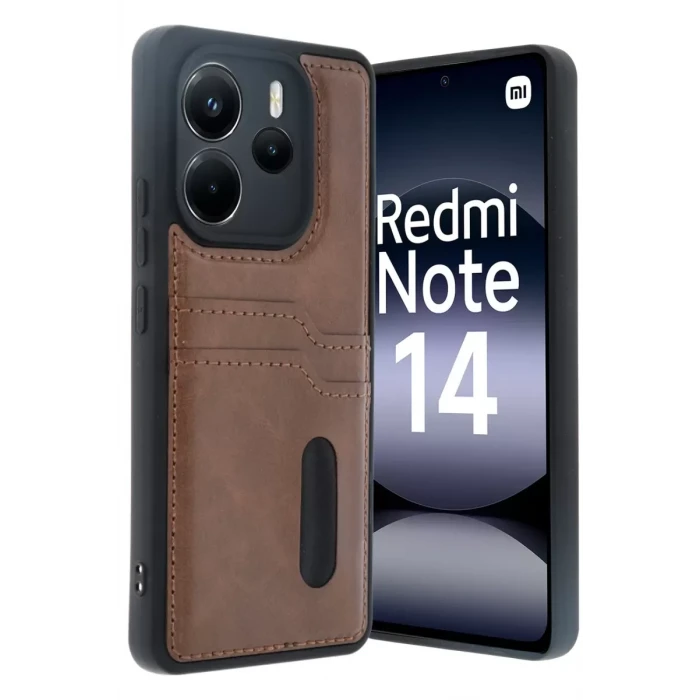 Newface Xiaomi Redmi Note 14 4G Kılıf Sara Kartvizitli Deri Kılıf - Taba