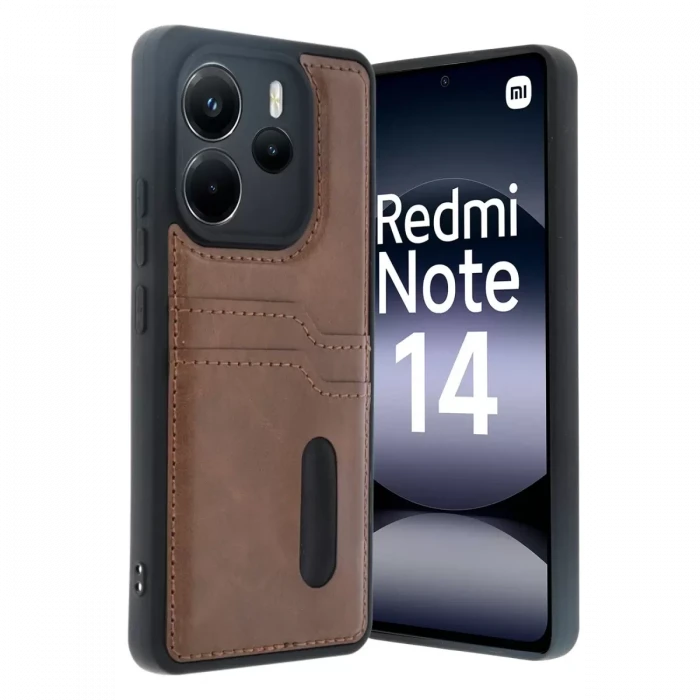 Newface Xiaomi Redmi Note 14 4G Kılıf Sara Kartvizitli Deri Kılıf - Taba
