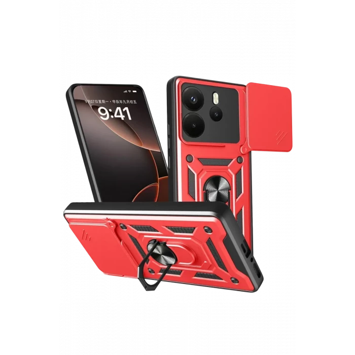 Newface Xiaomi Redmi Note 14 4G Pars Lens Yüzüklü Silikon - Kırmızı