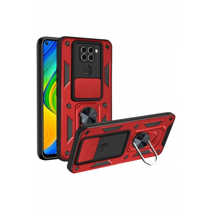 Newface Xiaomi Redmi Note 9 4G Kılıf Pars Lens Yüzüklü Silikon - Kırmızı