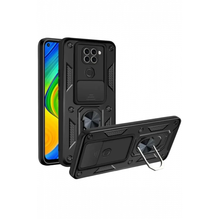 Newface Xiaomi Redmi Note 9 4G Kılıf Pars Lens Yüzüklü Silikon - Siyah