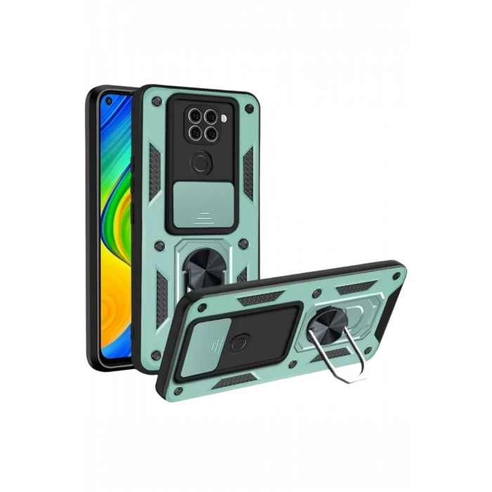 Newface Xiaomi Redmi Note 9 4G Kılıf Pars Lens Yüzüklü Silikon - Yeşil