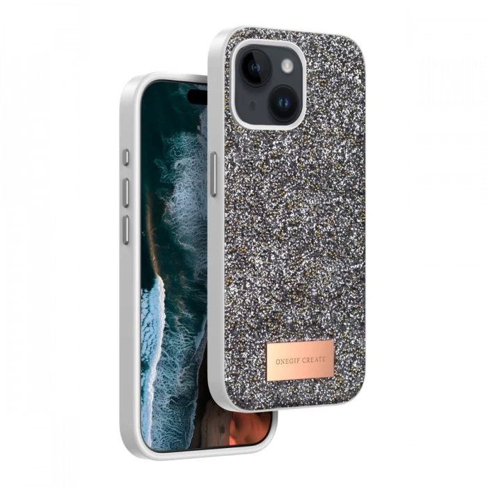 Onegif Apple iPhone 15 Bright Simli Kapak - Gümüş