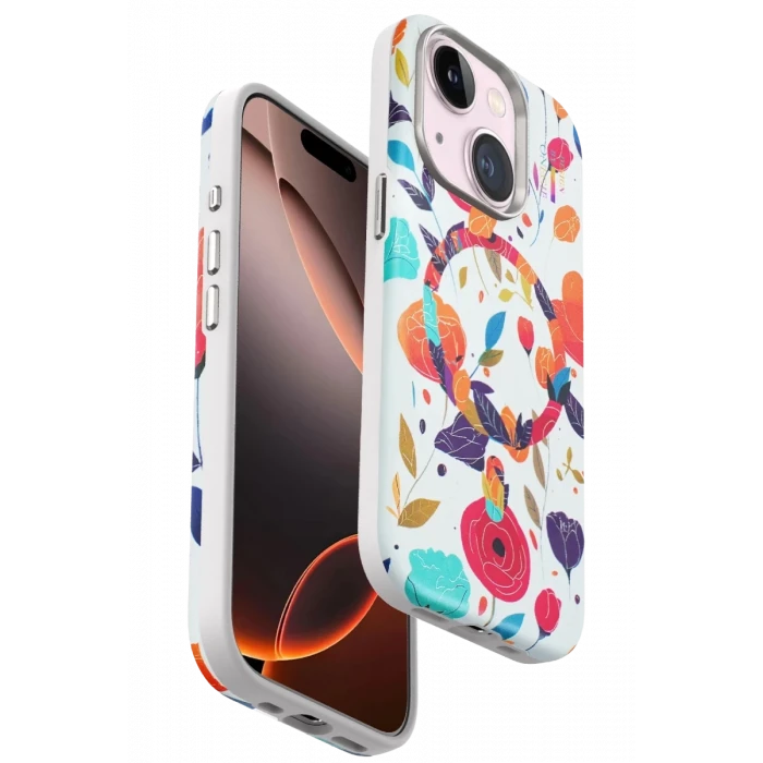 Onegif Apple iPhone 15 Plus Flower Series Magsafe Kapak - Beyaz