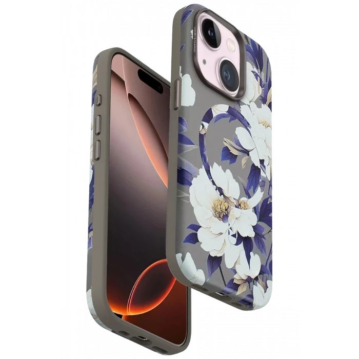 Onegif Apple iPhone 15 Plus Flower Series Magsafe Kapak - Gri