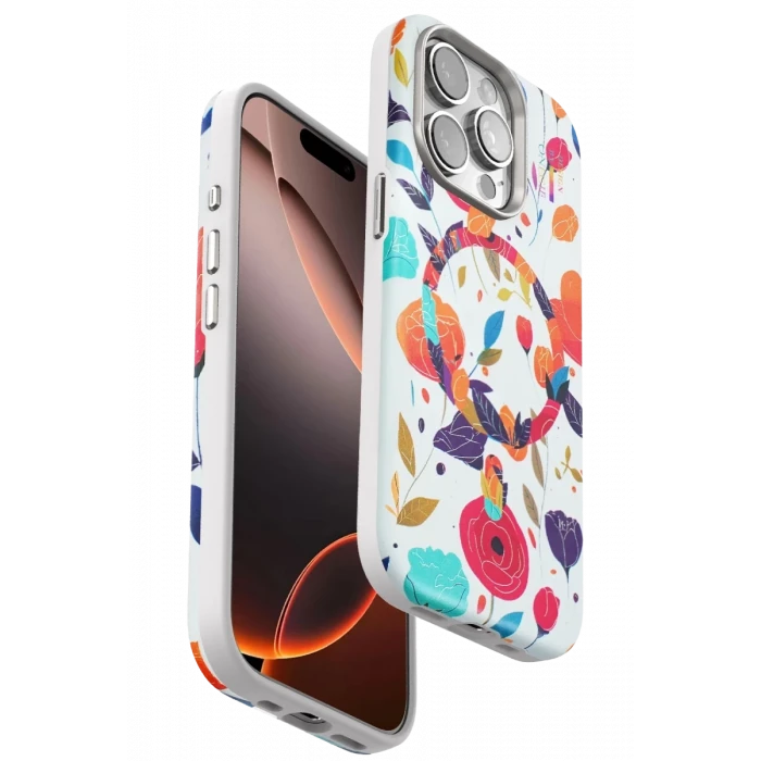 Onegif Apple iPhone 15 Pro Max Flower Series Magsafe Kapak - Beyaz