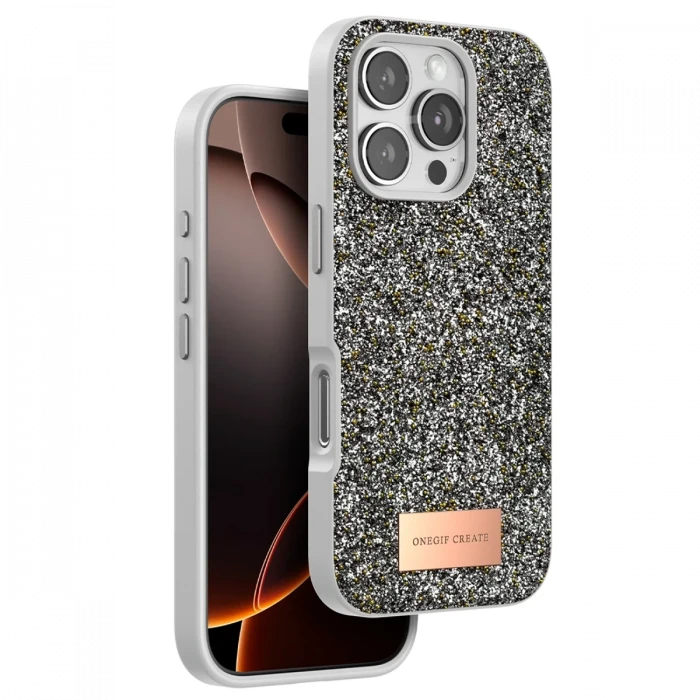 Onegif Apple iPhone 16 Pro Max Bright Simli Kapak - Gümüş