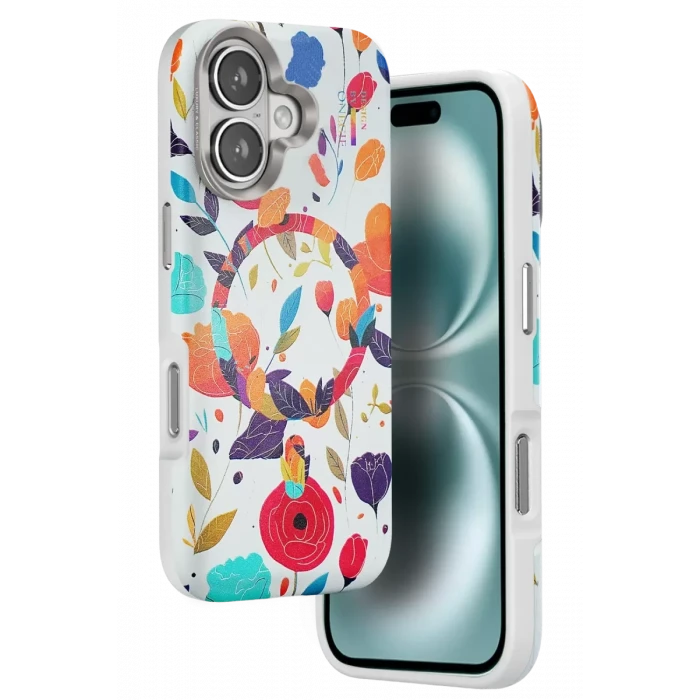 Onegif Apple iPhone 16 Flower Series Magsafe Kapak - Beyaz