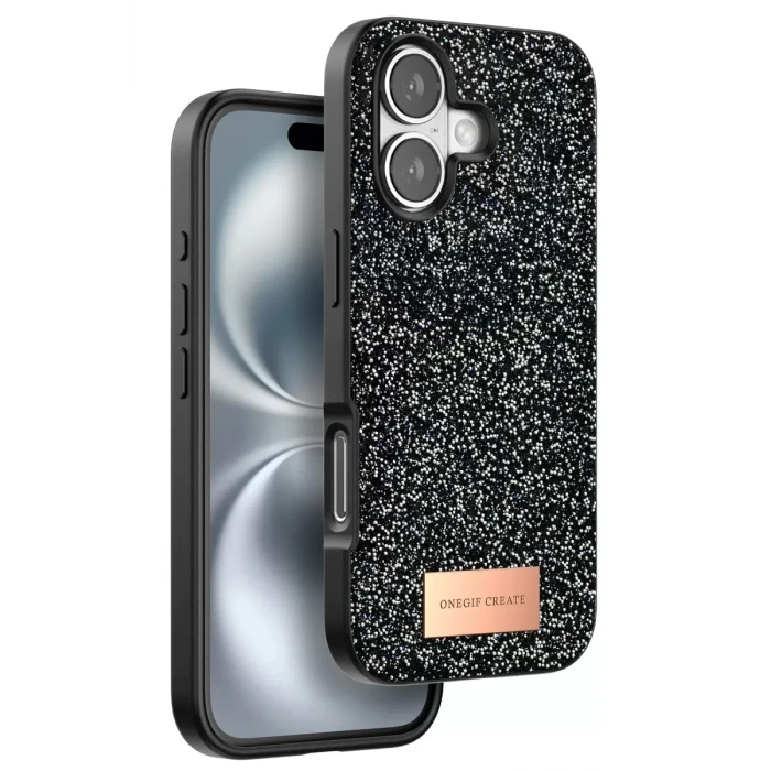 Onegif Apple iPhone 16 Plus Bright Simli Kapak - Siyah