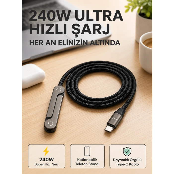 Örgülü 240W Type-C Katlanabilir Telefon Standlı Şarj Kablosu