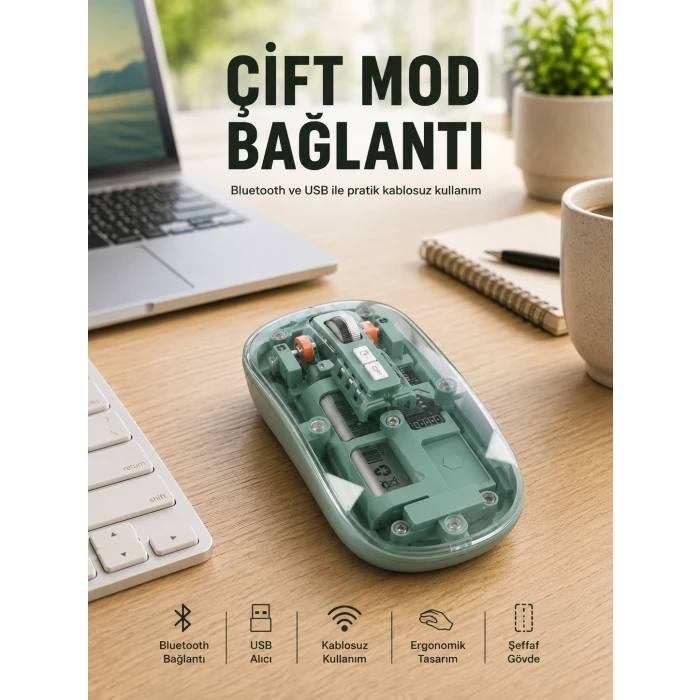 Pilli Kablosuz Mouse Bluetooth ve USB Uyumlu Sessiz Tıklama Yeni Nesil