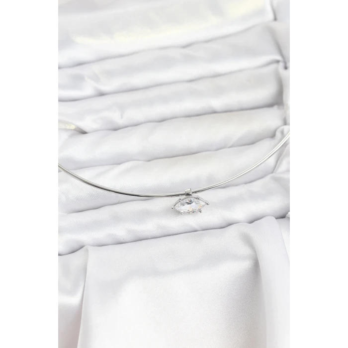 Pirinç Gümüş Renk Choker Model Zirkon Taşlı Kadın Kolye