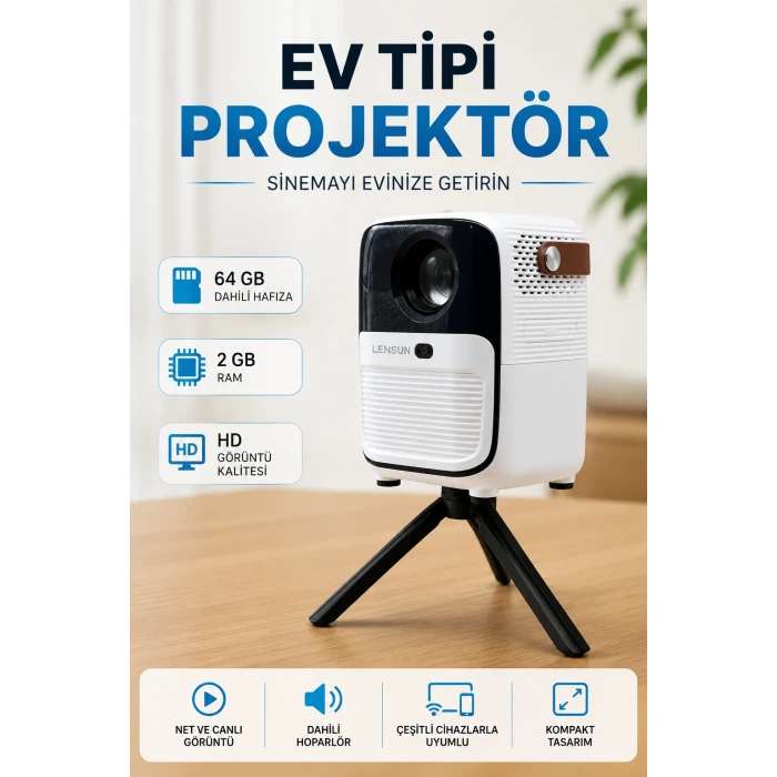 Projector Ev Tipi 64 Gb 2 Gb Rem Hafıza Hd Görüntü Kumandalı