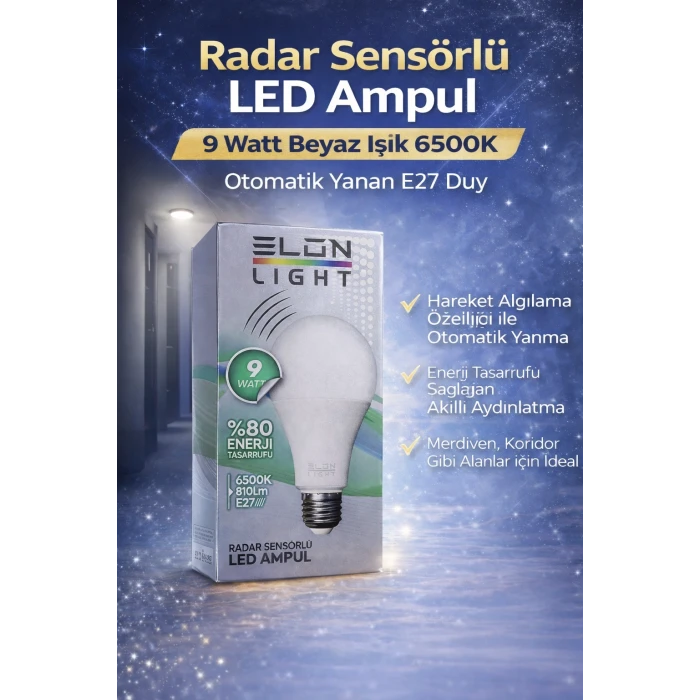Radar Sensörlü LED Ampul 9 Watt Beyaz Işık 6500K Otomatik Yanan E27 Duy