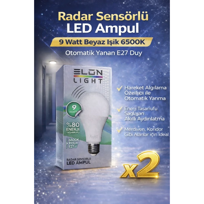 Radar Sensörlü LED Ampul 9 Watt Beyaz Işık 6500K Otomatik Yanan E27 Duy 2 Adet