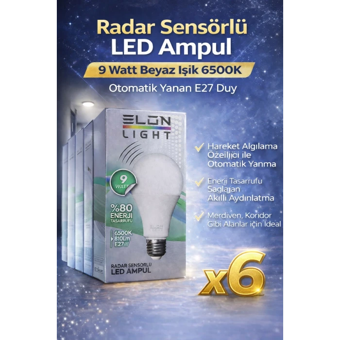 Radar Sensörlü LED Ampul 9 Watt Beyaz Işık 6500K Otomatik Yanan E27 Duy 6 Adet