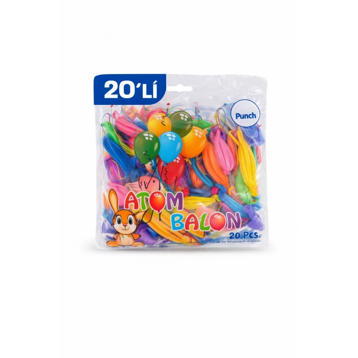 Renkli Atom Balon Punch Balon Lastik İpli Parti Balonu 20 ADET