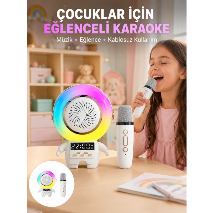 Renkli Işıklı Astronot Mini Bluetooth Speaker ve Karaoke Mikrofon
