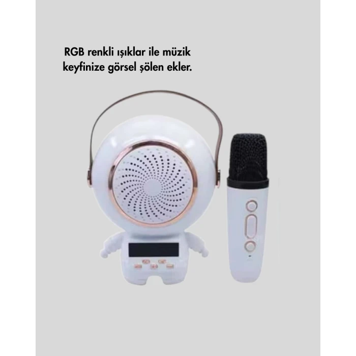 Renkli Işıklı Astronot Mini Bluetooth Speaker ve Karaoke Mikrofon
