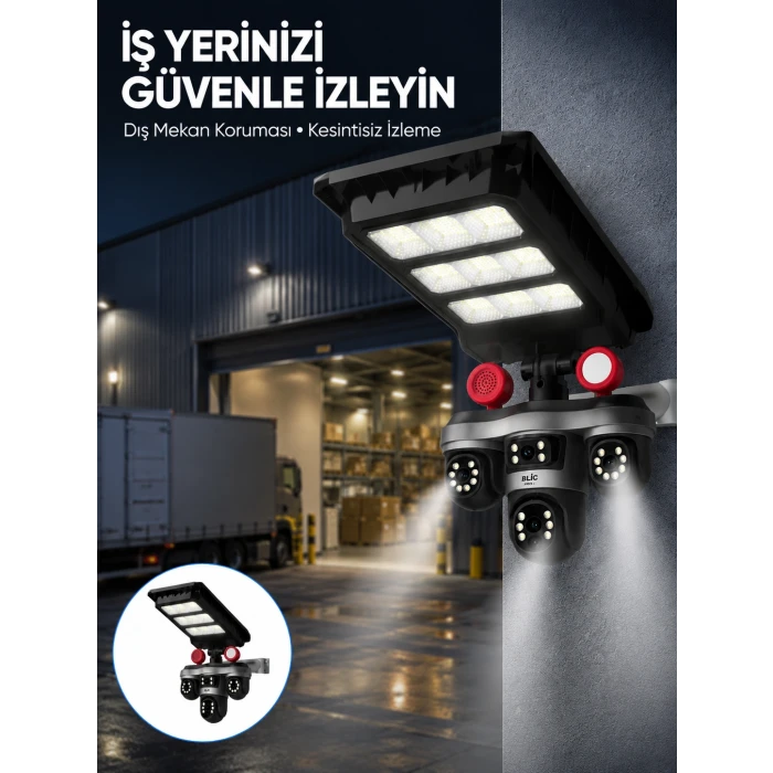 Solar Panelli 3 Lens Dış Mekan Güvenlik Kamerası Hareket Algılamalı LED Aydınlatmalı