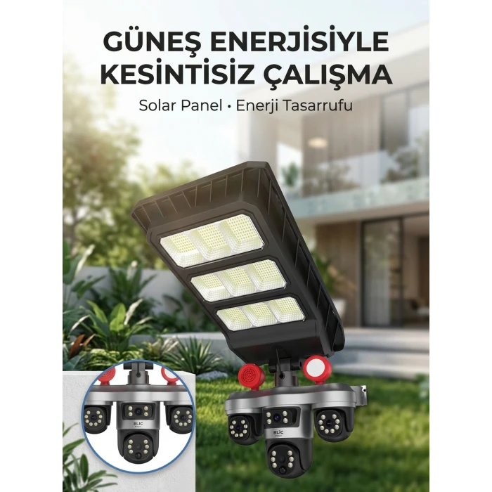 Solar Panelli Akıllı Güvenlik Kamerası LED Projektörlü
