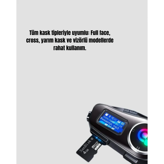 LCD Ekranlı Bluetooth Kask Kulaklığı FM Radyo ve SD Kart Girişli