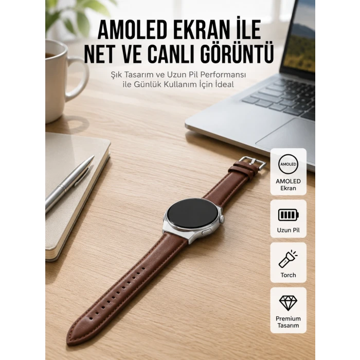 Torch Özellikli AMOLED Ekranlı Akıllı Saat Uzun Pil Yeni Nesil