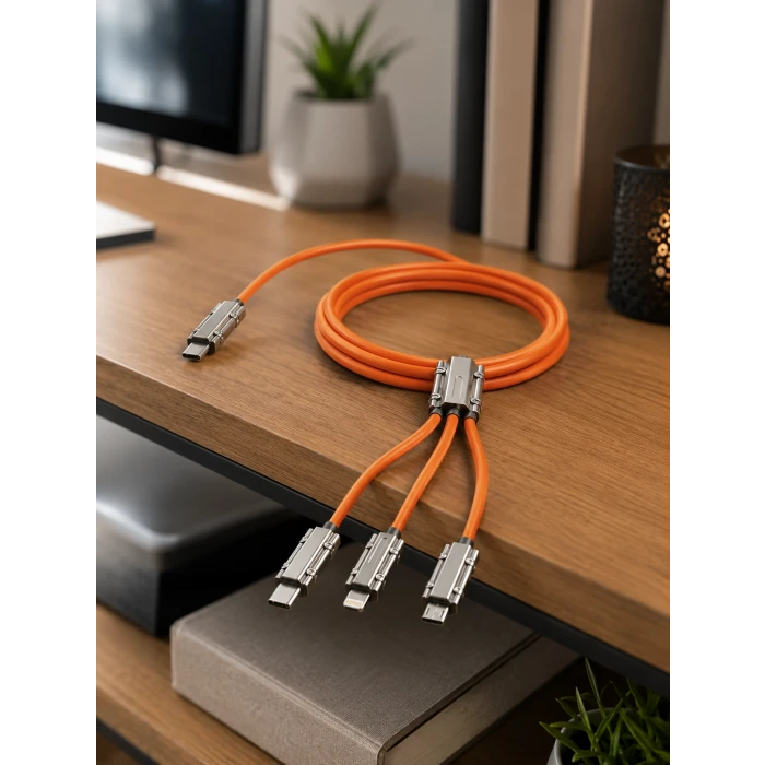 USB Type-C, Lightning ve Micro USB Uyumlu 3ü 1 Arada Hızlı Şarj Kablosu
