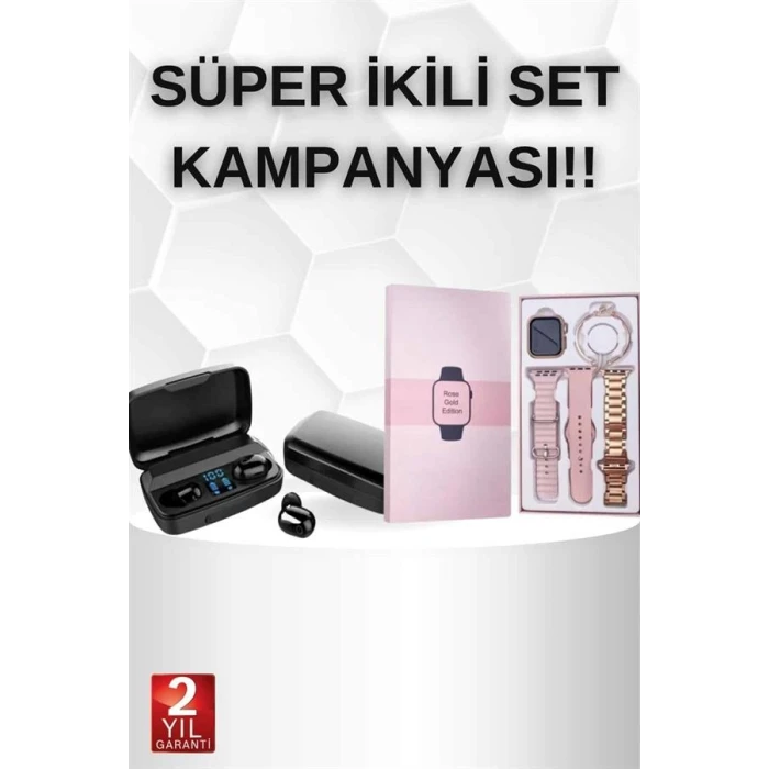 Wireless Şarjlı Pembe Akıllı Saat ve Kablosuz Bluetooth Kulaklık Dokunmatik Kontrol
