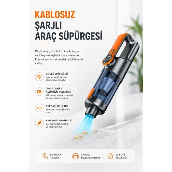 Yüksek Emiş Güçlü Taşınabilir Araç Süpürgesi