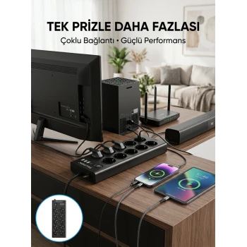 10 Prizli USB Destekli Çoklu Priz Type-C Şarj Girişli Güvenli Güç Ünitesi