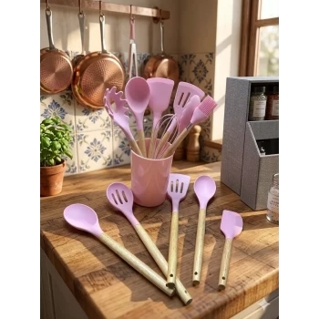 12 Parça Bambu Saplı Silikon Mutfak Gereçleri Seti - Pembe Mutfak Servis Seti