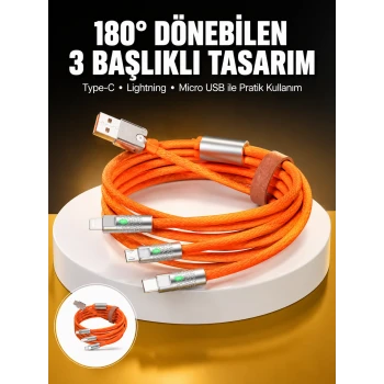 120W 3 İn 1 Uyumlu Silikon Şarj Kablosu Hızlı Şarj Kablosu
