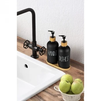 2 Li Bambu Altlıklı Sıvı Sabunluk Seti Siyah