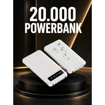 20.000mAh PD Powerbank LED Işık LCD Ekran Dahili Kablo Çoklu Giriş Yeni Nesil