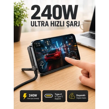 240W Type-C Telefon Standlı Örgülü Şarj ve Data Kablosu