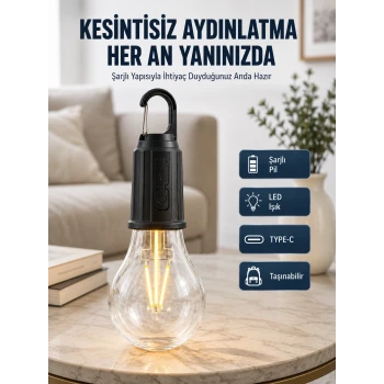 3 Farklı Mod LEDli Şarjlı Asma Kancalı Kamp Lambası Taşınabilir Ampul