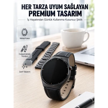 3 Kordonlu AMOLED Ekran Bluetooth Aramalı Akıllı Saat Metal, Deri ve Silikon Kordon Seti