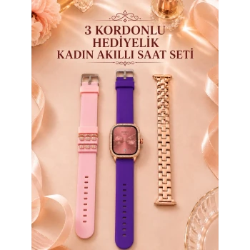 3 Kordonlu Rose Gold Kasalı Kadın Akıllı Saat Seti