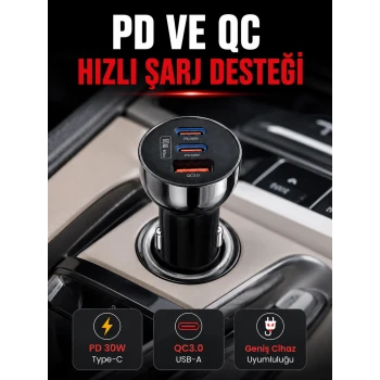 3 Portlu Araç İçi Şarj Adaptörü Çift PD Type-C ve QC3.0 USB Çıkışlı