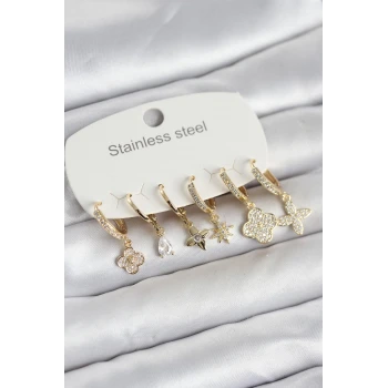 316L Çelik Gold Renk 6'lı Set Yonca Model Kadın Küpe