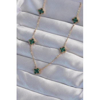 316L Çelik Gold Renk Minimal Yeşil Mineli Yonca Kolye