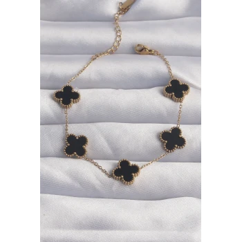 316L Çelik Gold Renk Siyah Mineli Yonca Bileklik