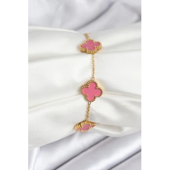 316L Çelik Gold Zincir Pembe Yonca Renk Bileklik