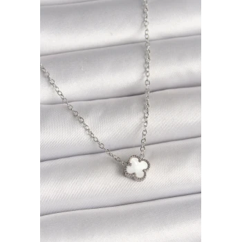 316L Çelik Gümüş Renk Beyaz Yonca Model Kadın Kolye