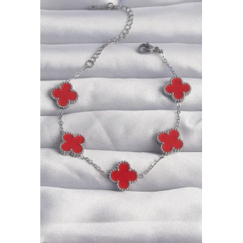 316L Çelik Gümüş Renk Kırmızı Mineli Yonca Bileklik