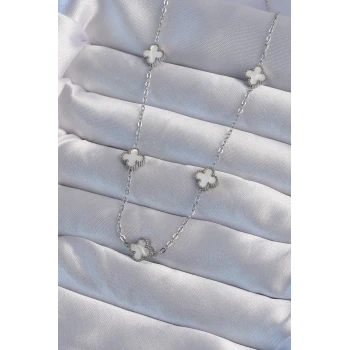 316L Çelik Gümüş Renk Minimal Beyaz Sedefli Yonca Kolye