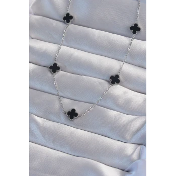 316L Çelik Gümüş Renk Minimal Siyah Mineli Yonca Kolye